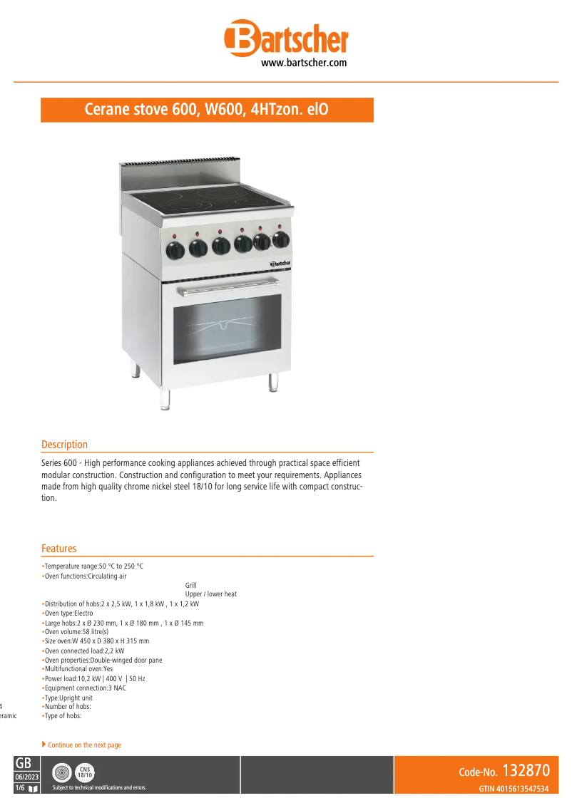 Page n°1 - Manuel utilisateur Bartscher 132870