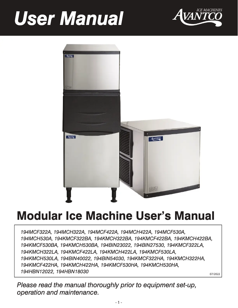 Page 1 de la notice Manuel utilisateur Avantco Ice KMC-H-322-LA