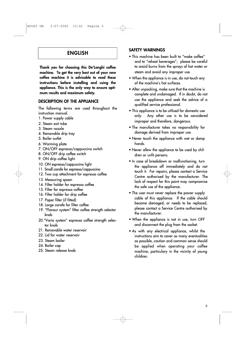 Page n°1 - Manuel utilisateur DeLonghi BCO65 GB
