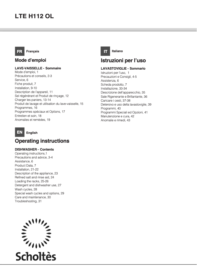 Page n°1 - Manuel utilisateur Scholtès LTE H112 OL
