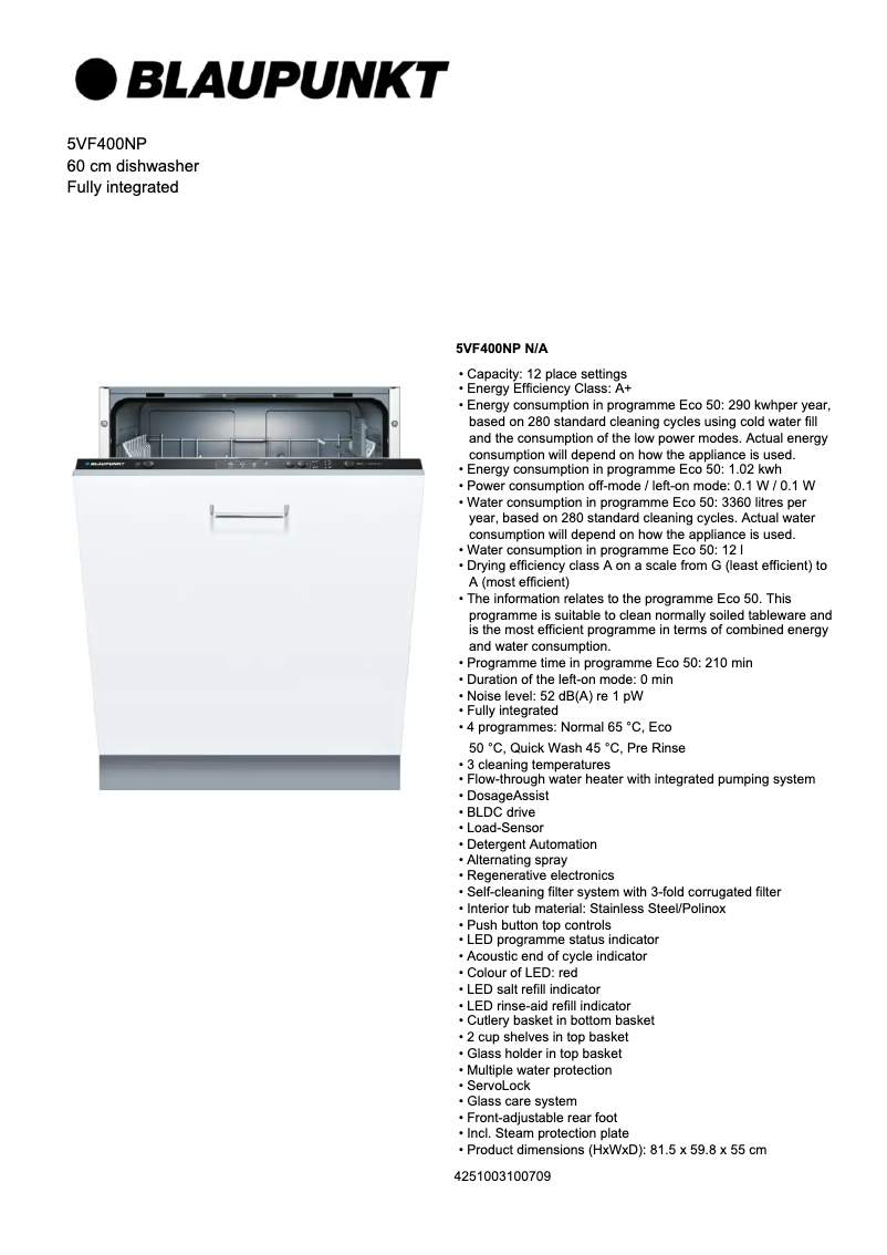Page 1 de la notice Fiche technique Blaupunkt 5VF 400NP