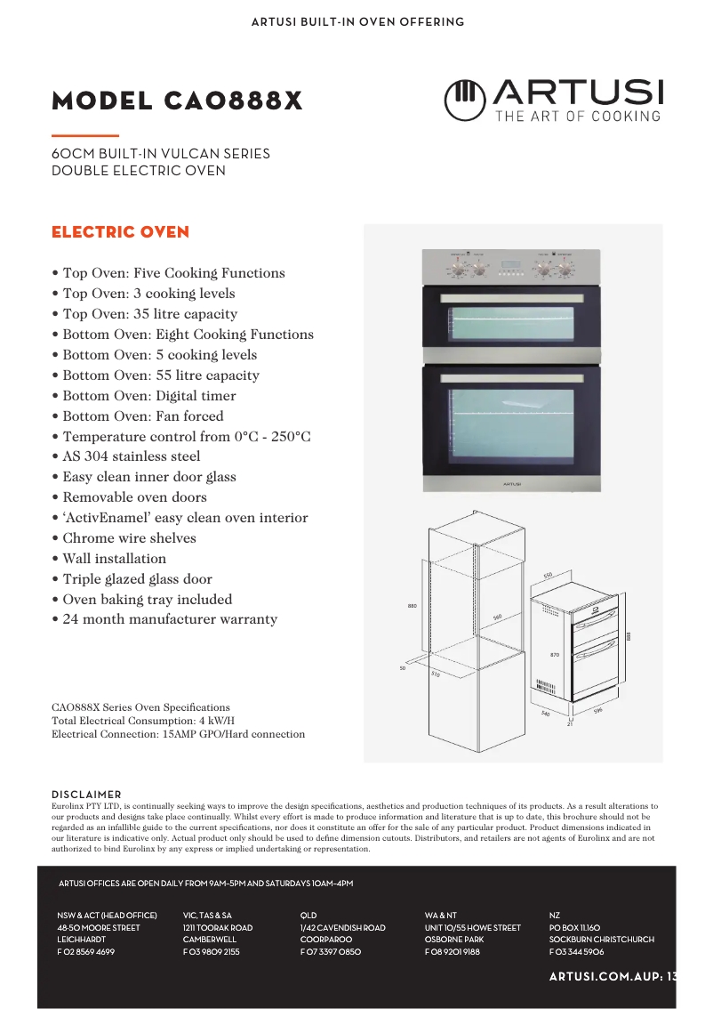 Page 1 de la notice Fiche technique Artusi CAO888X