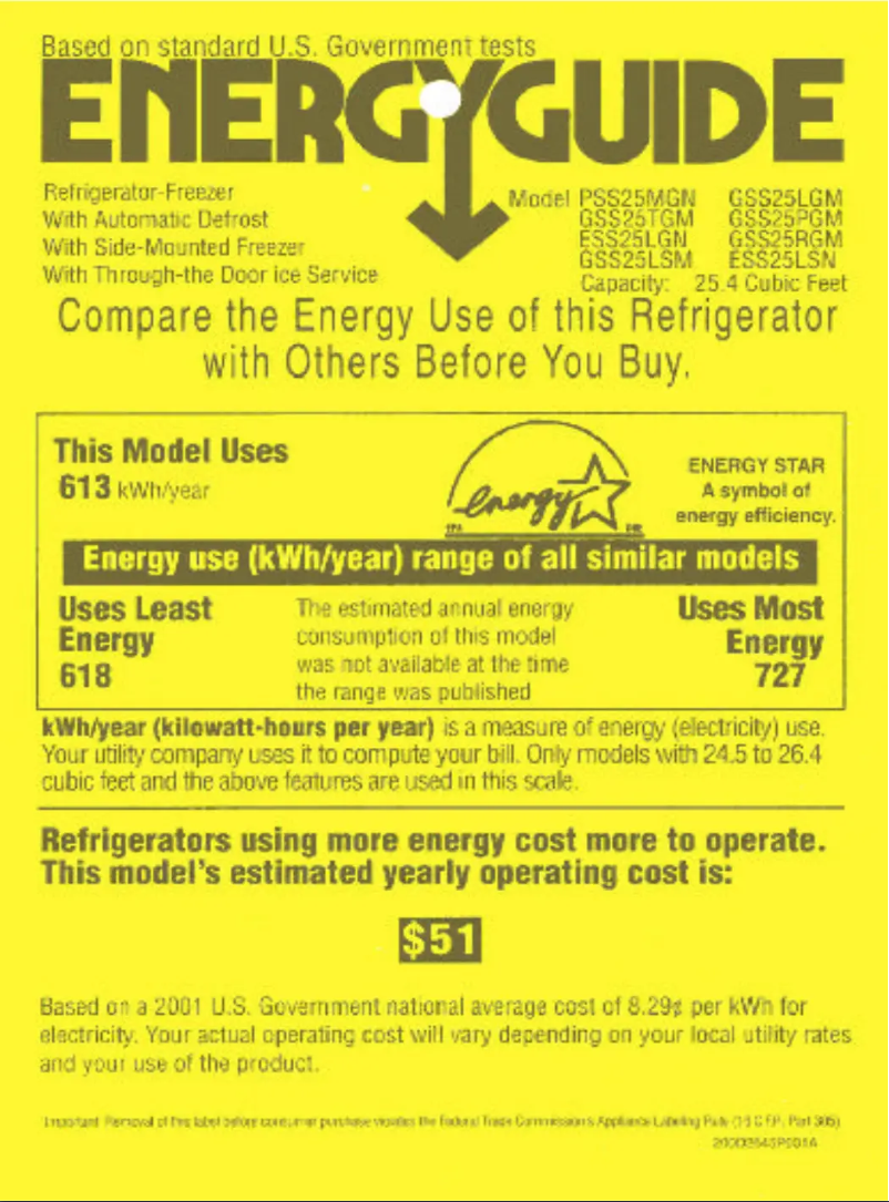 Page 1 de la notice Label énergétique GE GSS25LGMCC