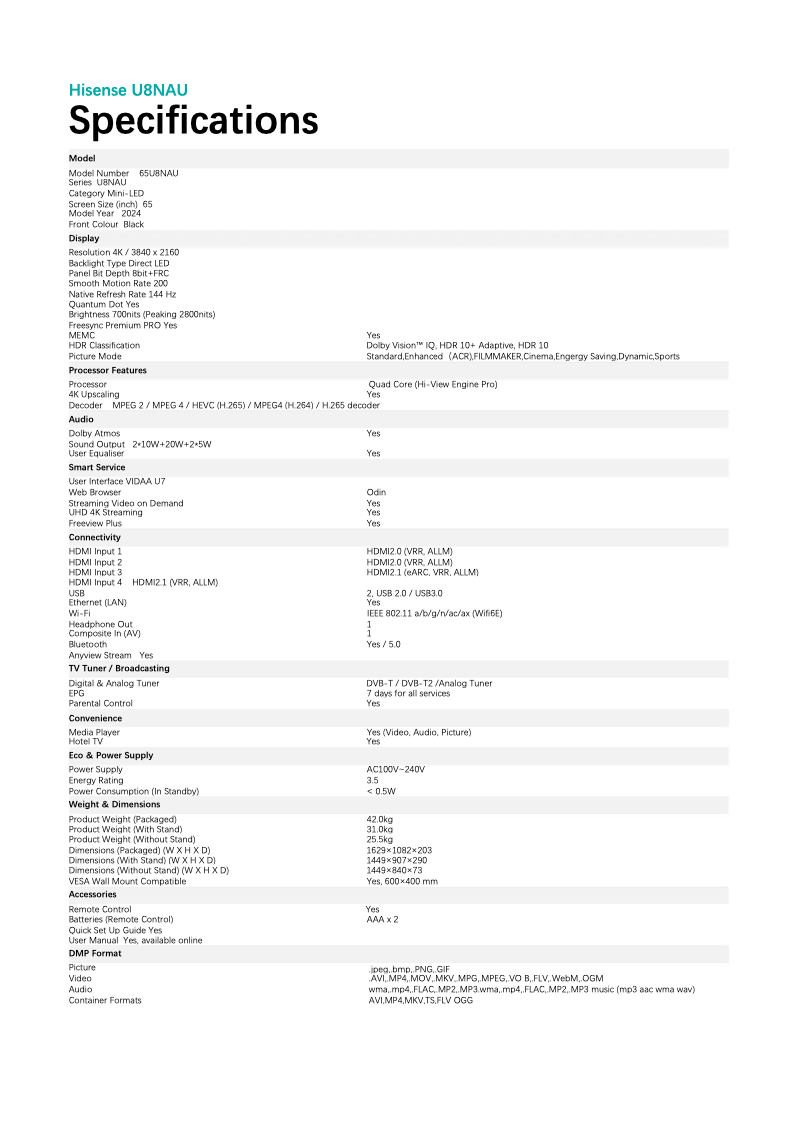 Page 1 de la notice Fiche technique Hisense 65U8NAU