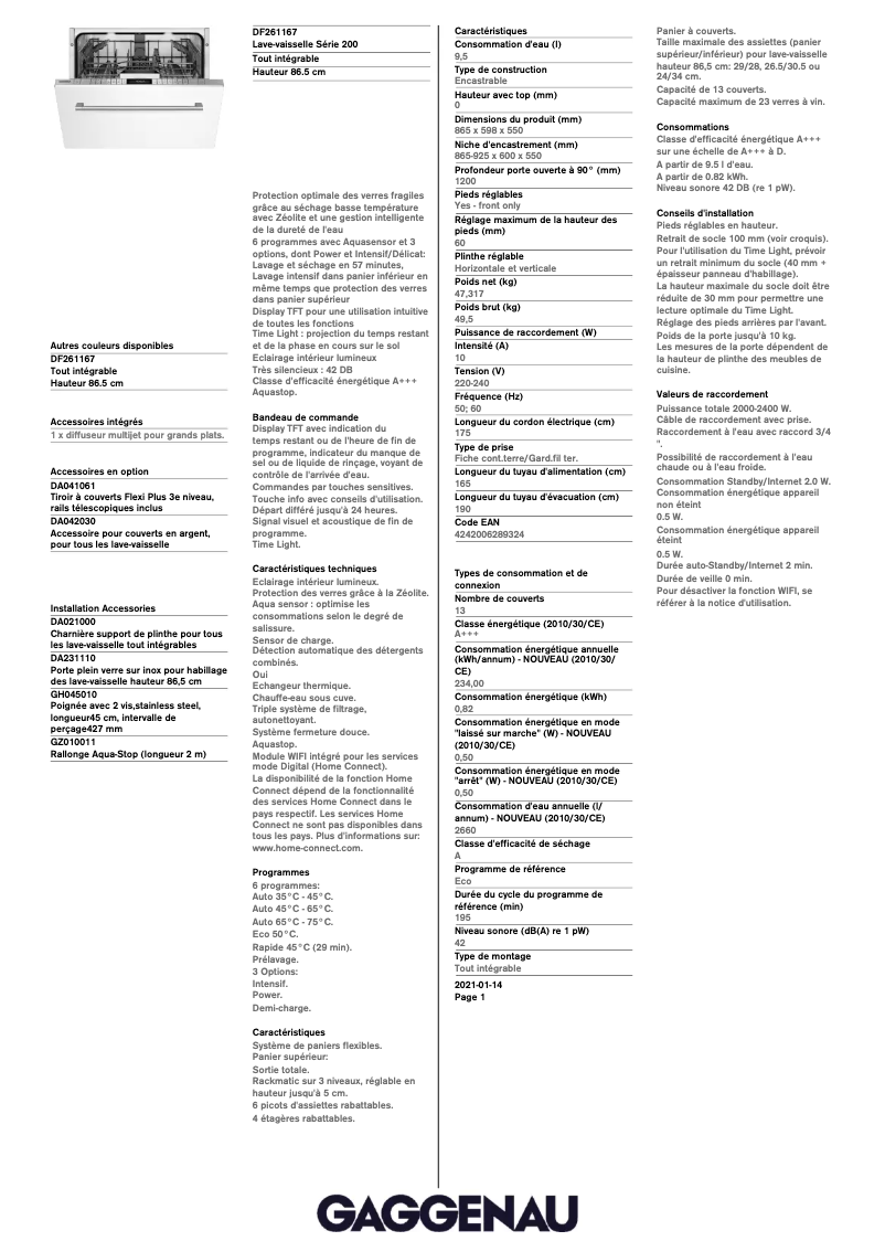 Page 1 de la notice Fiche technique Gaggenau DF261167