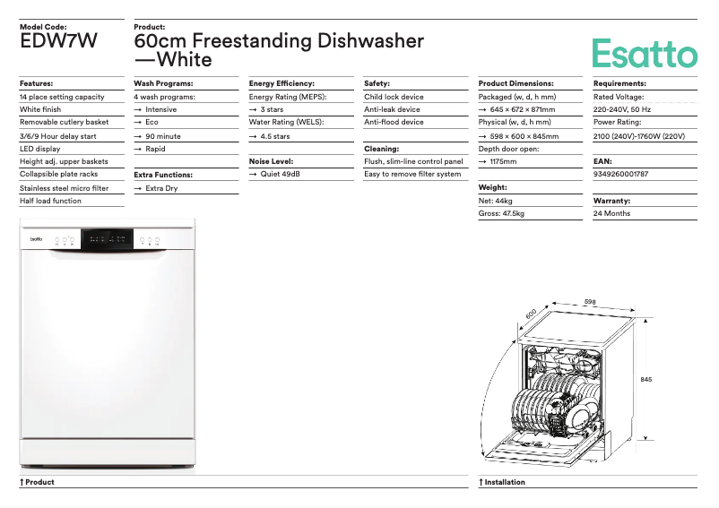 Página 1 del manual Ficha técnica Esatto EDW7W