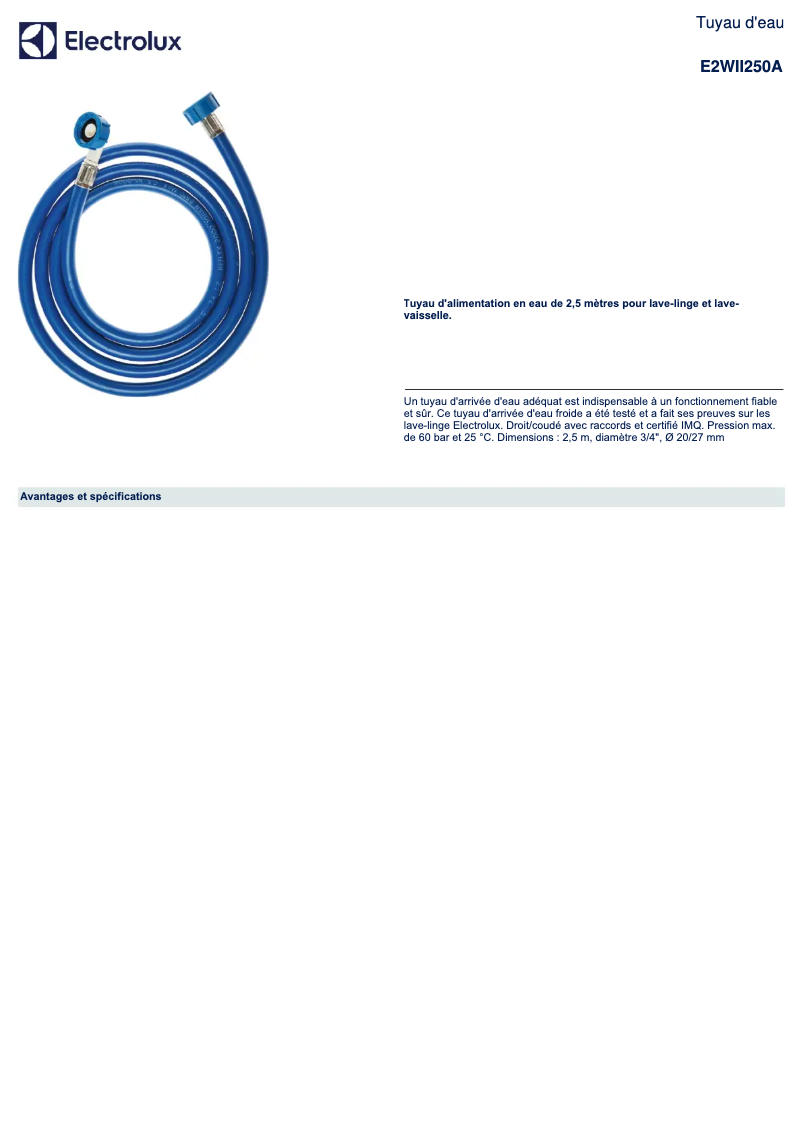 Page 1 de la notice Fiche technique Electrolux E2WII250A