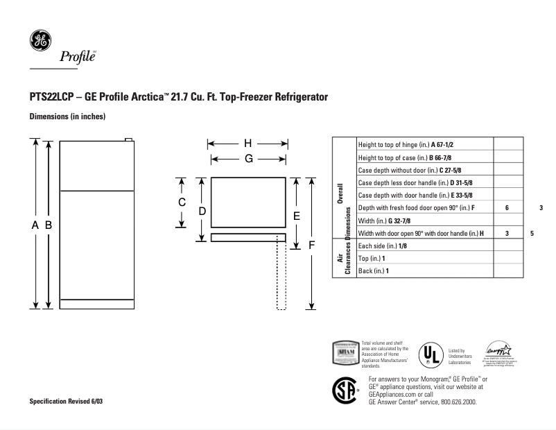 Page 1 de la notice Fiche technique GE PTS22LCPWW