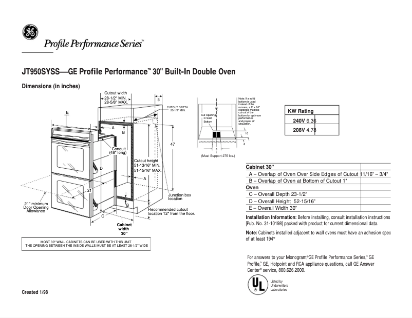 Page 1 de la notice Fiche technique GE Profile Performance JT950SYSS