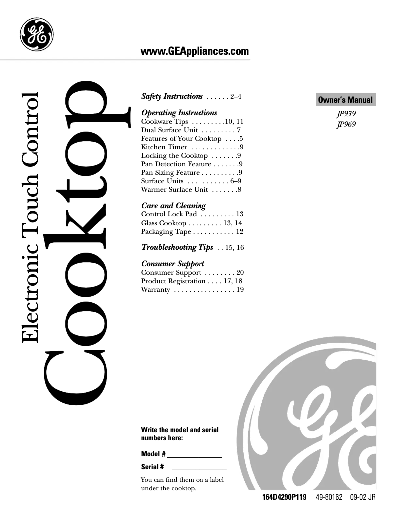 Page 1 of the manual Use and Maintenance Manual GE Profile JP939CHCC