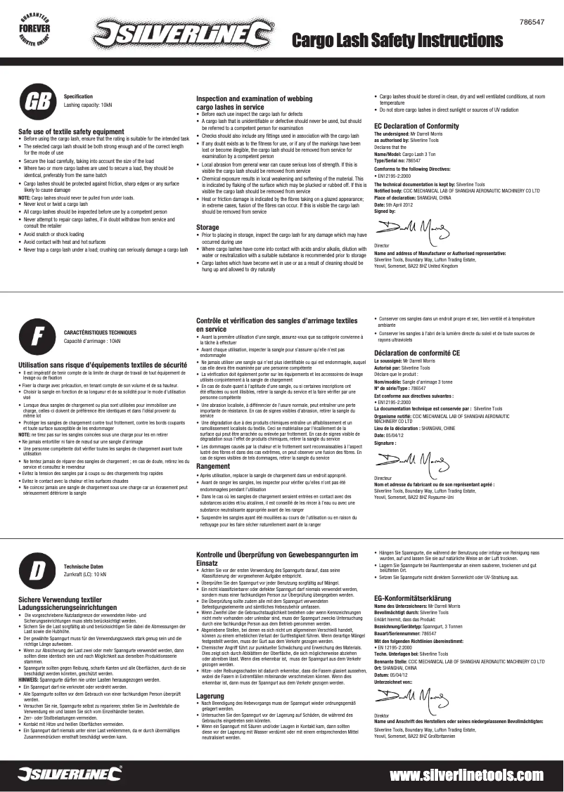 Page 1 de la notice Manuel utilisateur Silverline 786547