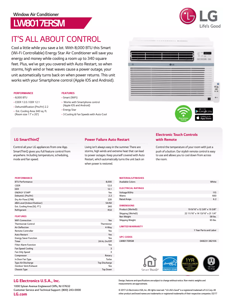 Page 1 de la notice Fiche technique LG LW8017ERSM