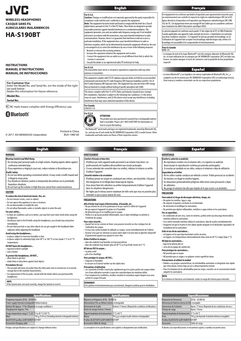 Page n°1 - Manuel utilisateur JVC HA-S190BT