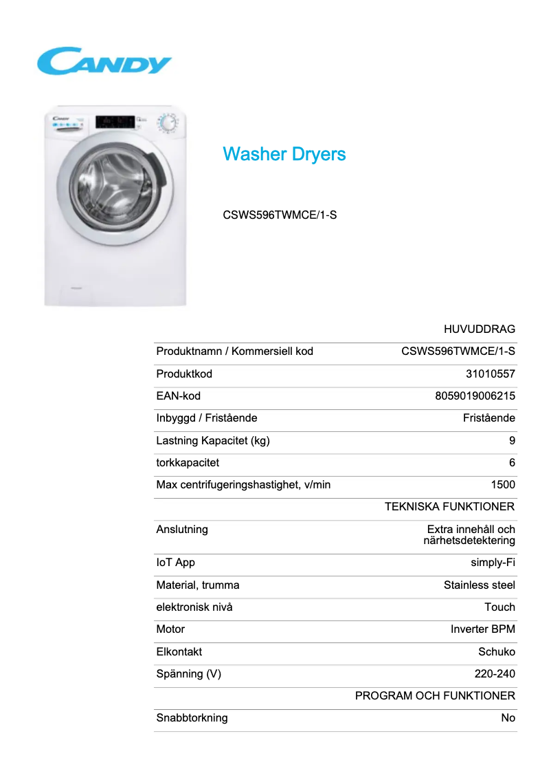 Page 1 de la notice Fiche technique Candy CSWS596TWMCE/1-S