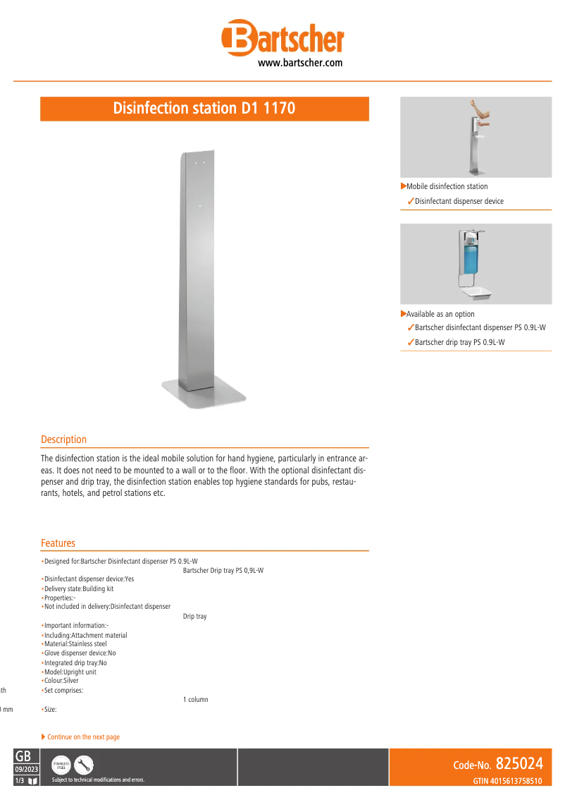 Page n°1 - Manuel utilisateur Bartscher D1 1170