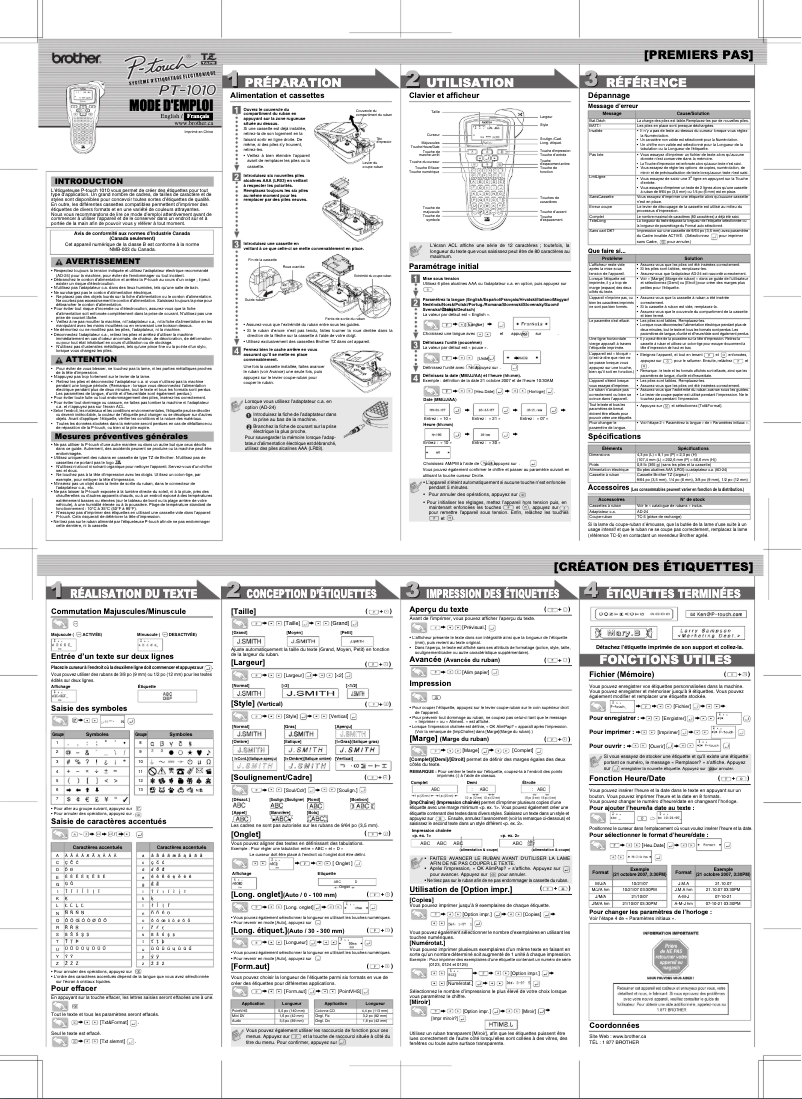 Page n°1 - Manuel utilisateur Brother P-Touch PT-1010