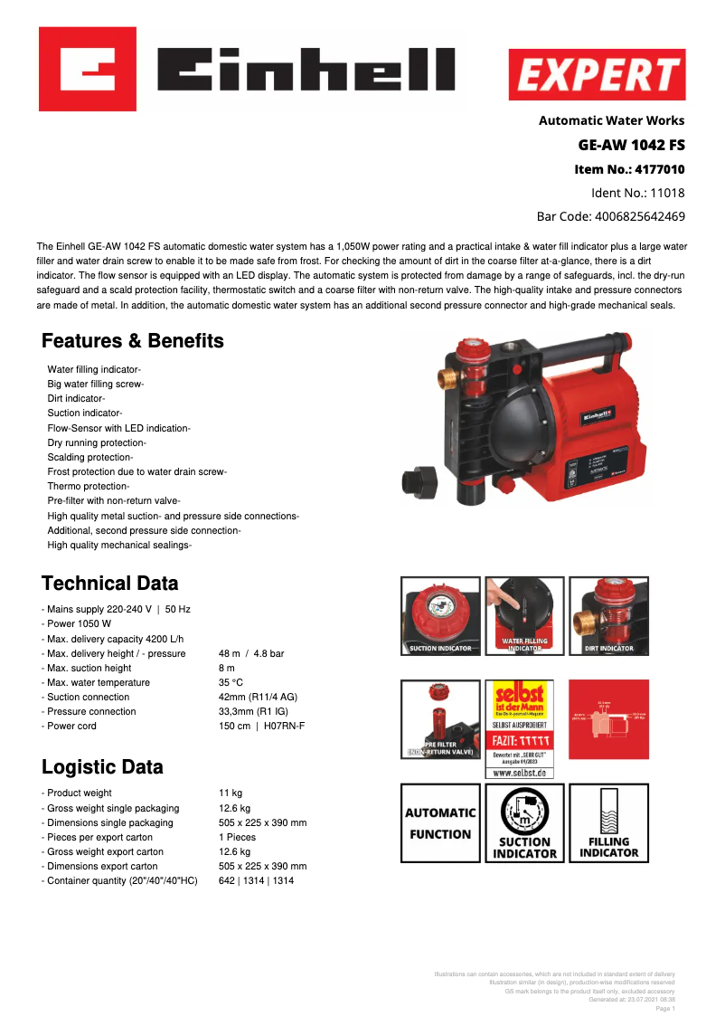 Page 1 de la notice Fiche technique Einhell GE-AW 1042 FS