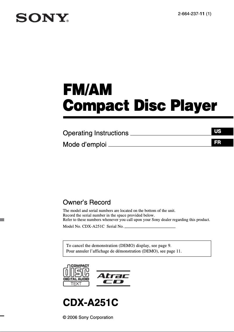 Page n°1 - Manuel utilisateur Sony CDX-A251C