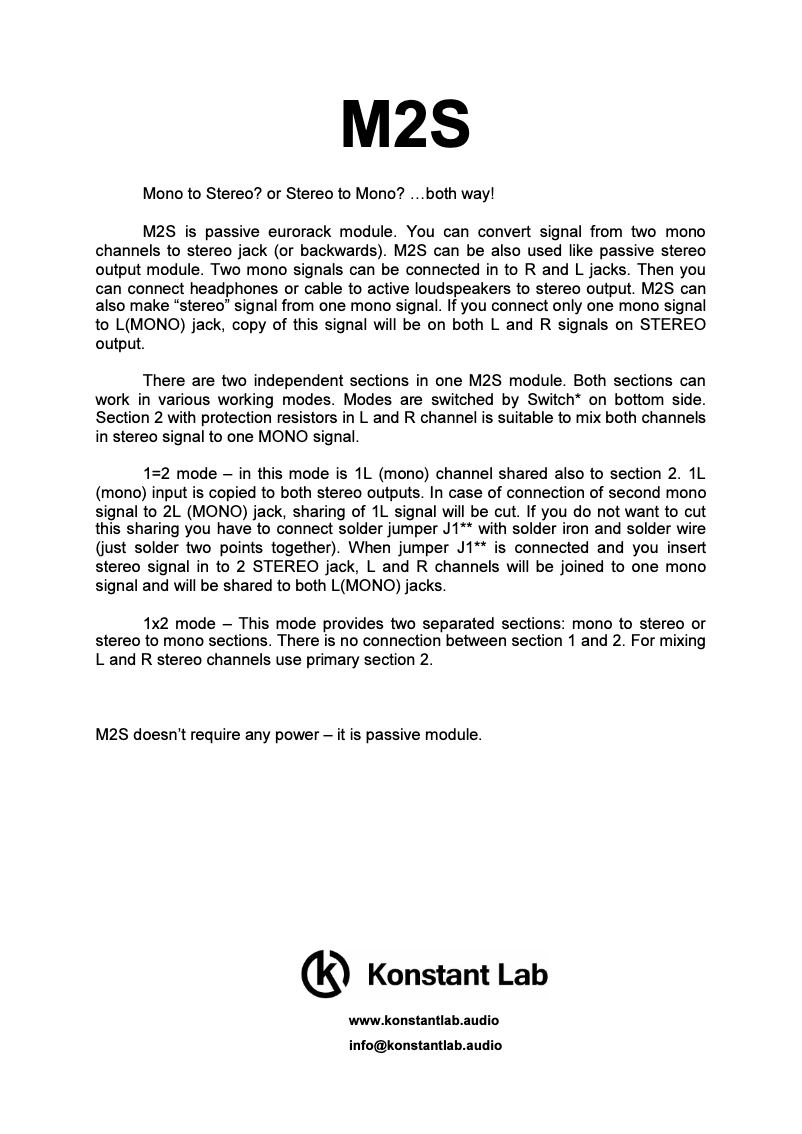 Page n°1 - Manuel utilisateur Konstant Lab M2S