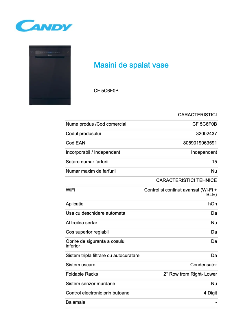 Page 1 de la notice Fiche technique Candy CF 5C6F0B