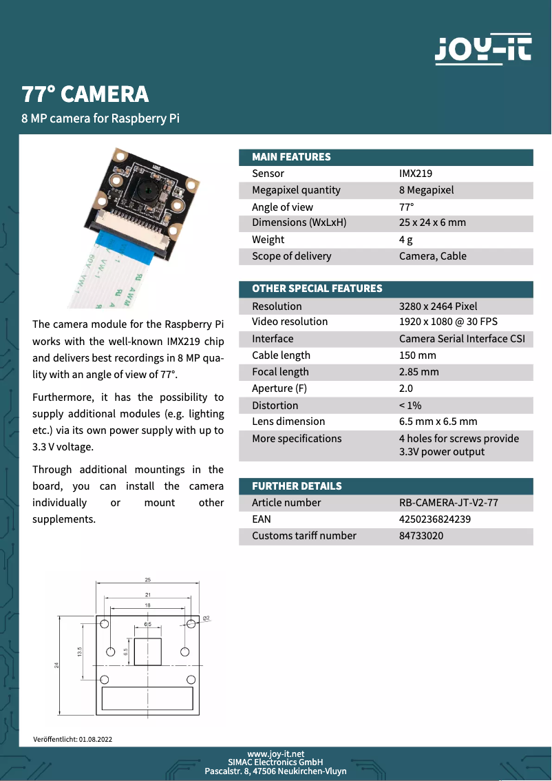Page 1 de la notice Fiche technique Joy-It RB-CAMERA-JT-V2-77