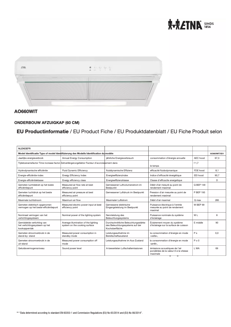 Page 1 de la notice Fiche technique Etna AO660WIT