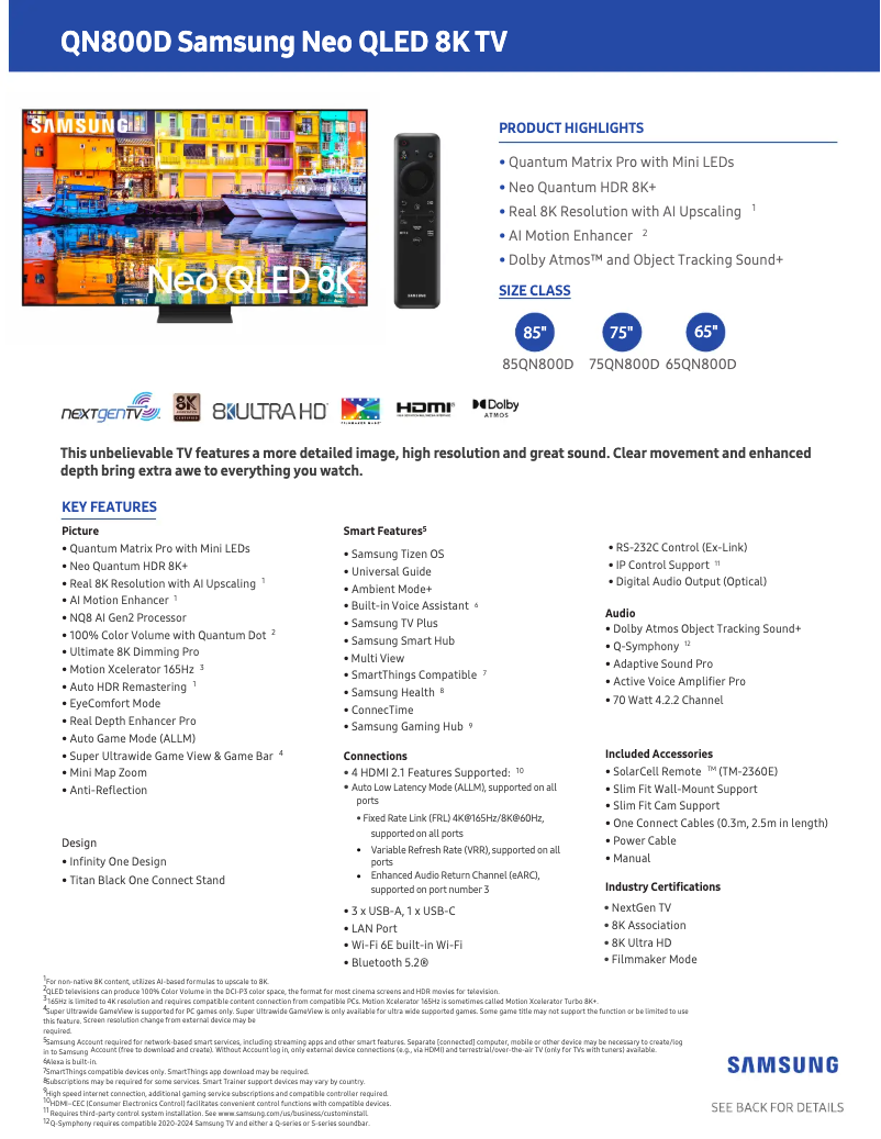 Page 1 de la notice Fiche technique Samsung QN85QN800DF