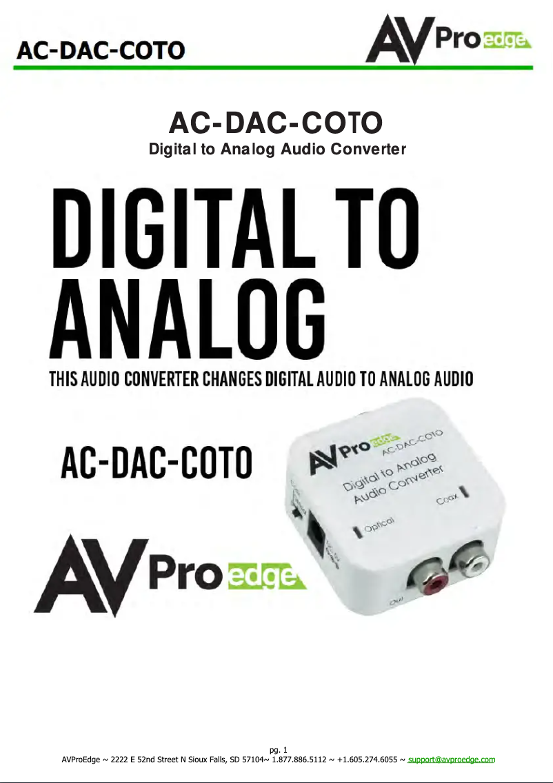 Page n°1 - Manuel utilisateur AVPro Edge AC-DAC-CO2