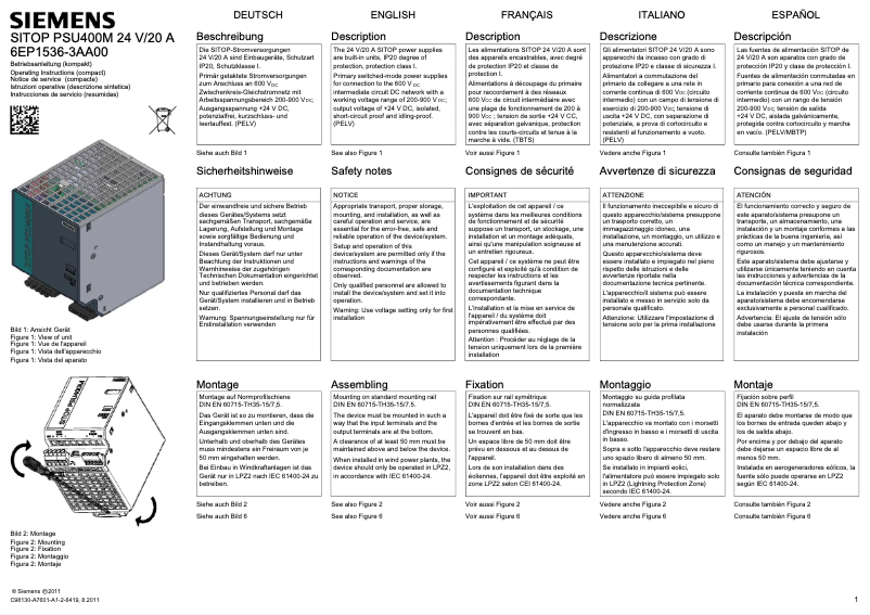 Page 1 de la notice Manuel utilisateur Siemens SITOP PSU400M 24 V/20 A