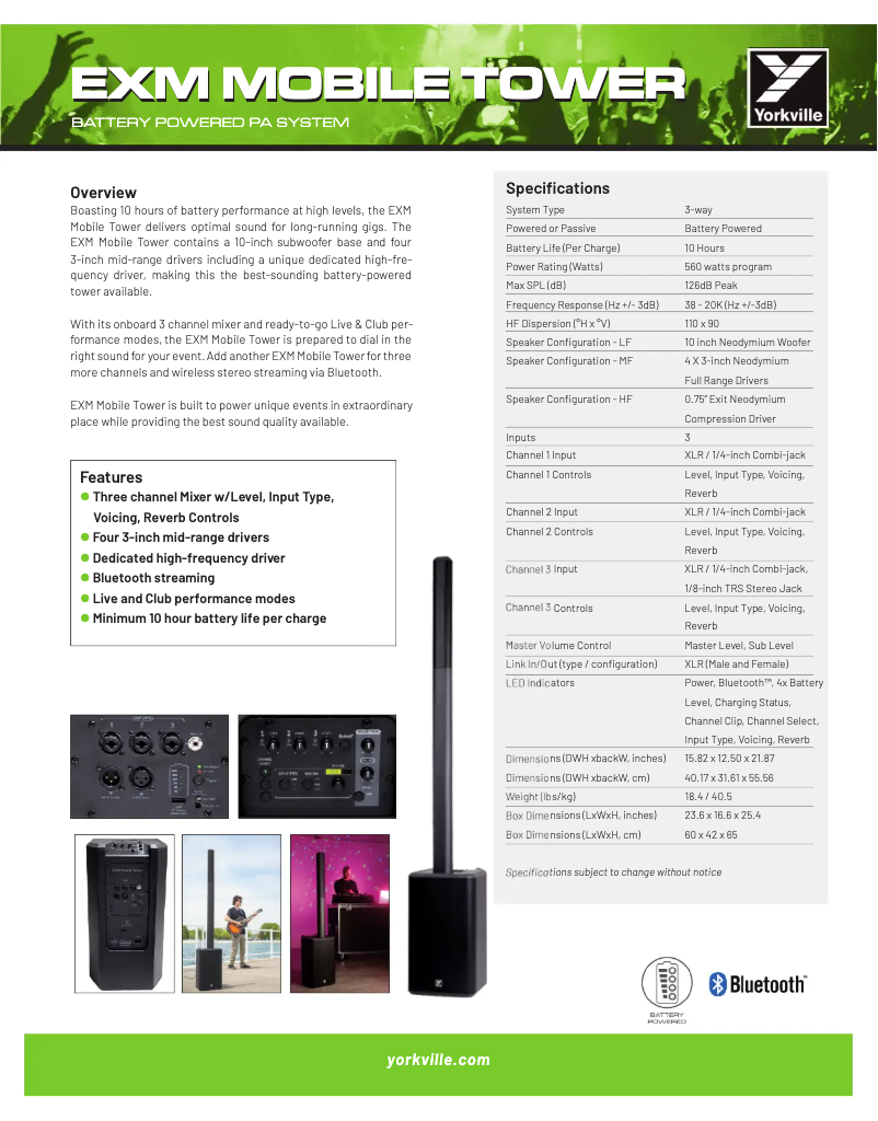 Page 1 de la notice Fiche technique Yorkville EXM MobileTower