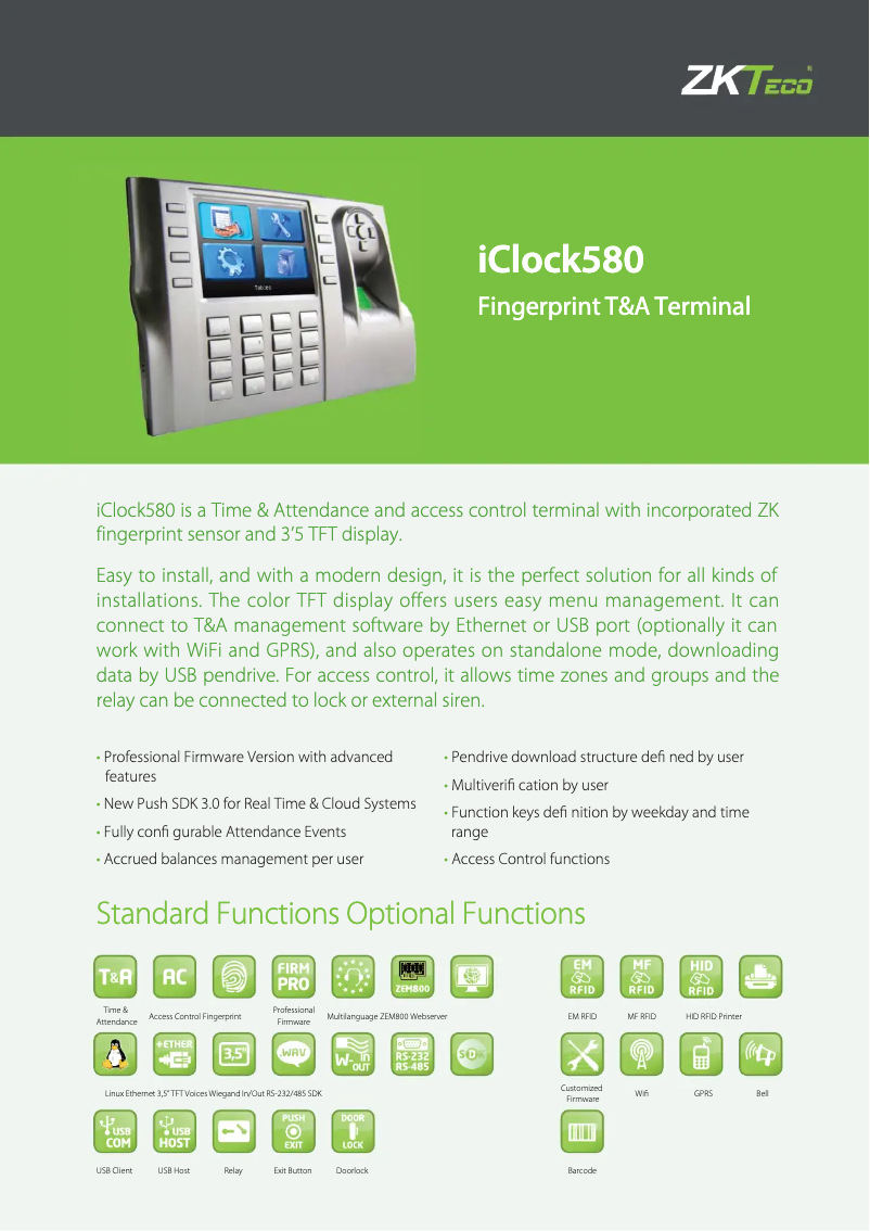 Page 1 de la notice Fiche technique ZKTeco ICLOCK 580