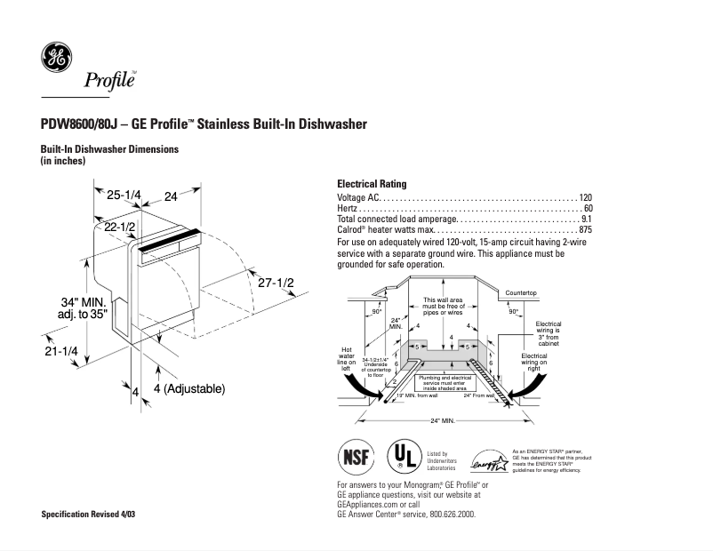 Page 1 de la notice Fiche technique GE Profile PDW8600JWW