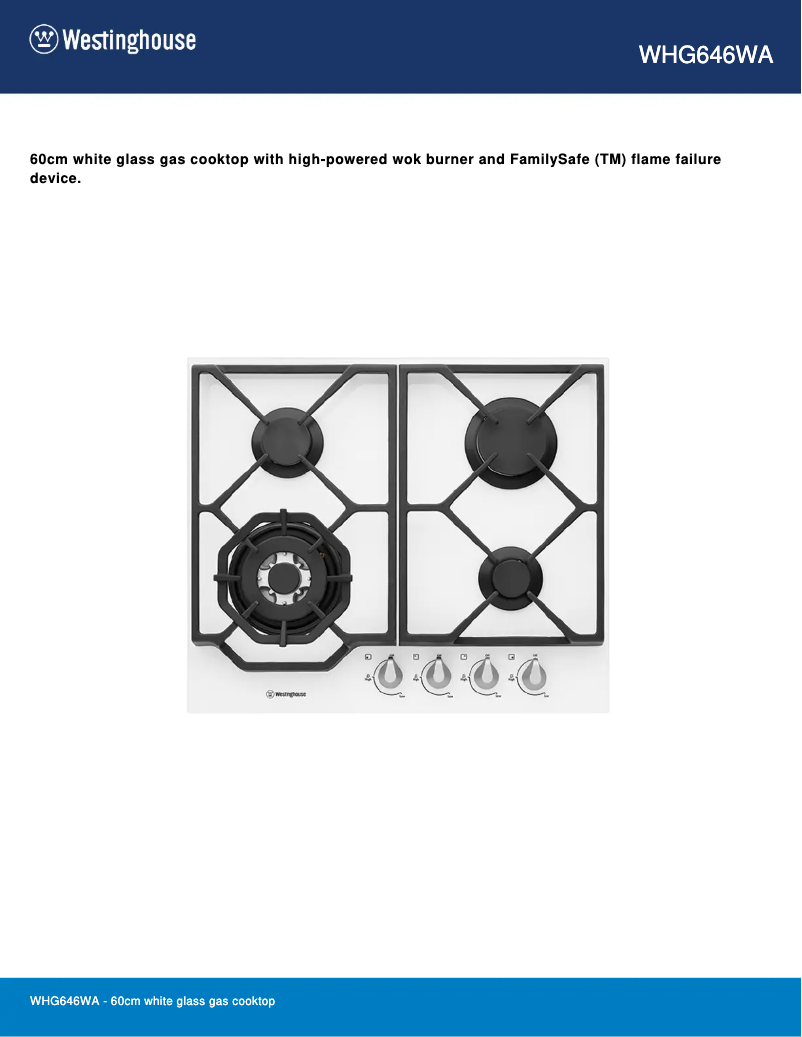 Page 1 de la notice Fiche technique Westinghouse WHG646WA