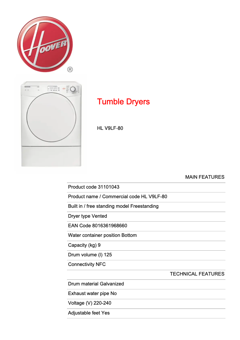 Page 1 de la notice Fiche technique Hoover HL V9LF-80