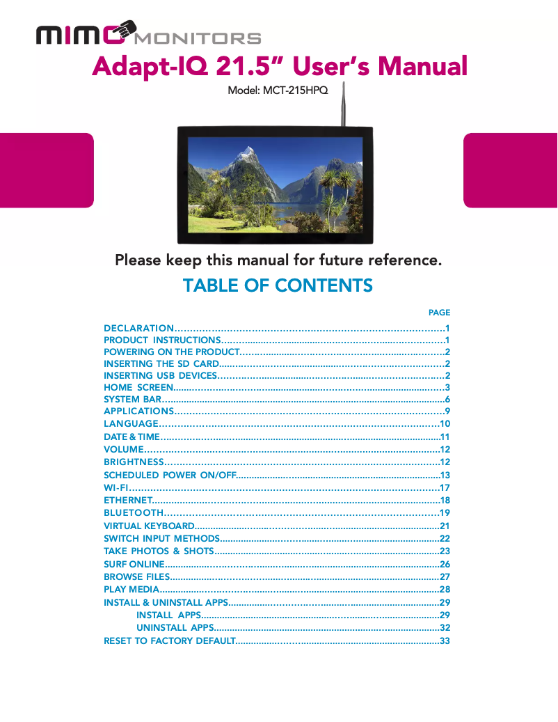 Page 1 de la notice Manuel utilisateur Mimo Monitors Adapt-IQV MCT-215HPQ