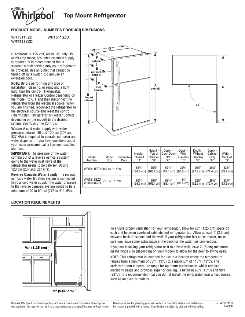 Página 1 del manual Ficha técnica Whirlpool WRT541SZD