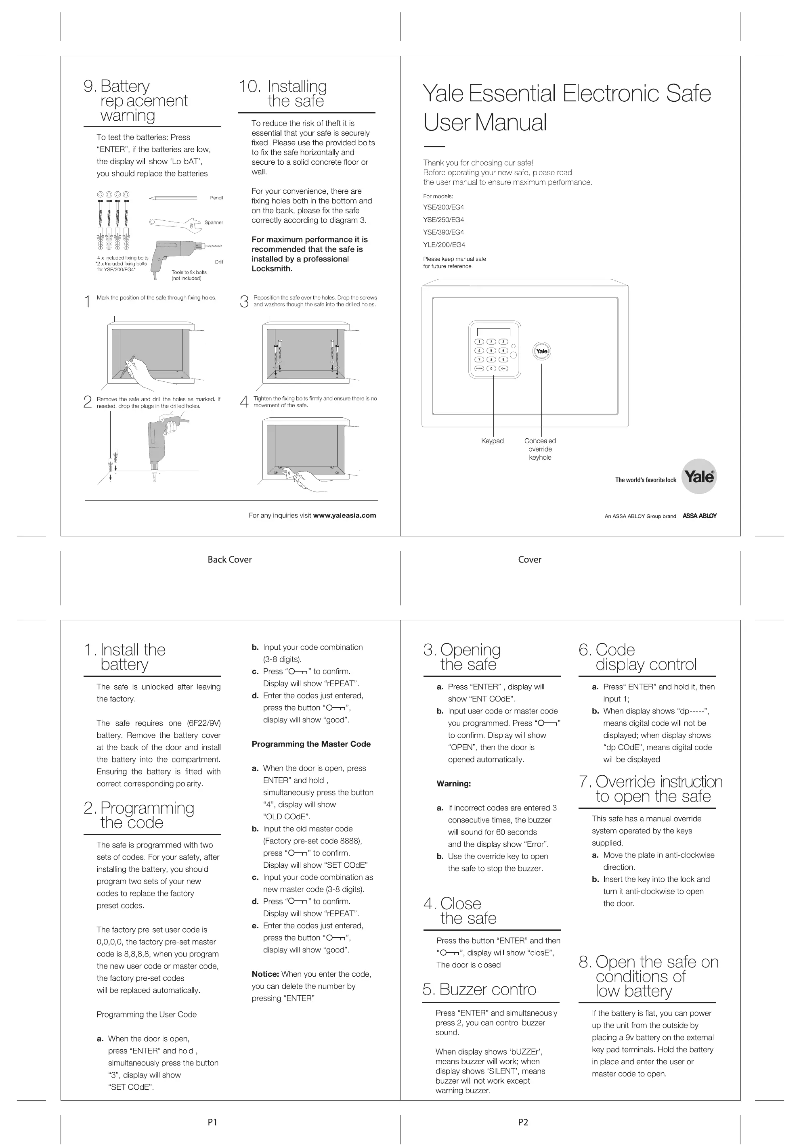Page n°1 - Manuel utilisateur Yale YSE/390/EG4