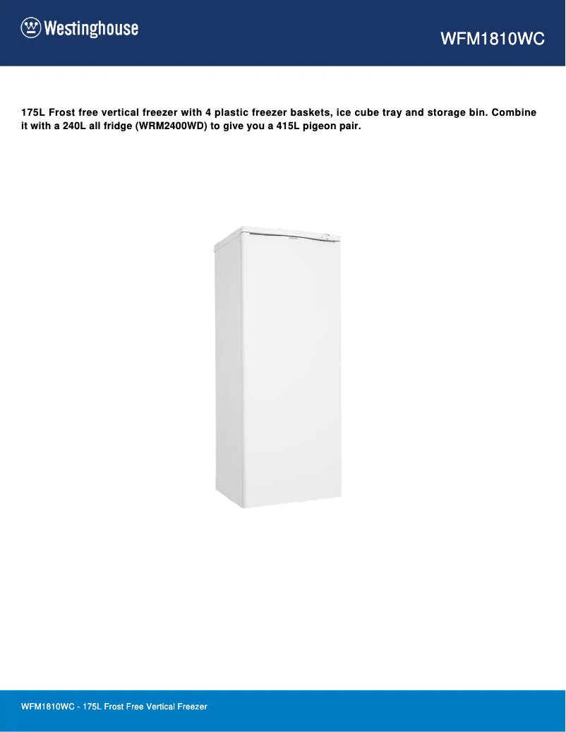 Page 1 de la notice Fiche technique Westinghouse WFM1810WC