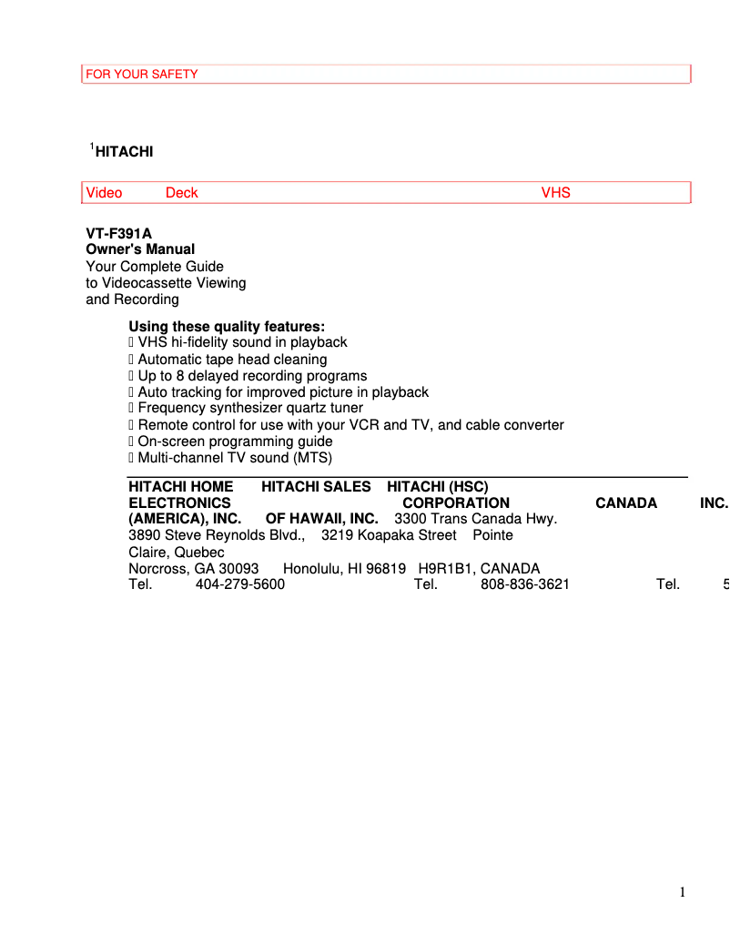Page 1 de la notice Manuel utilisateur Hitachi VT-F391A