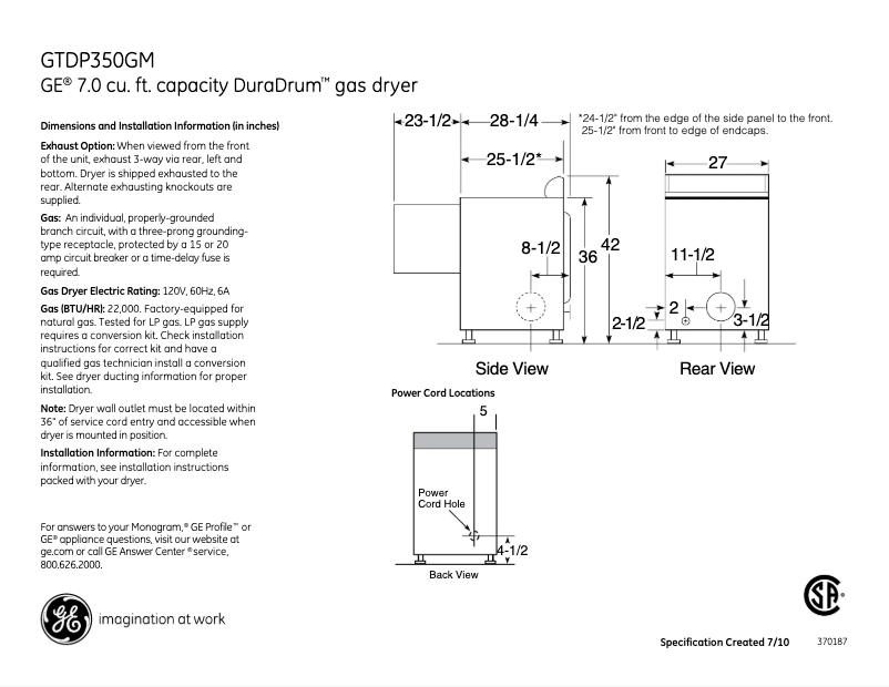 Page n°1 - Fiche technique GE GTDP350GMWS