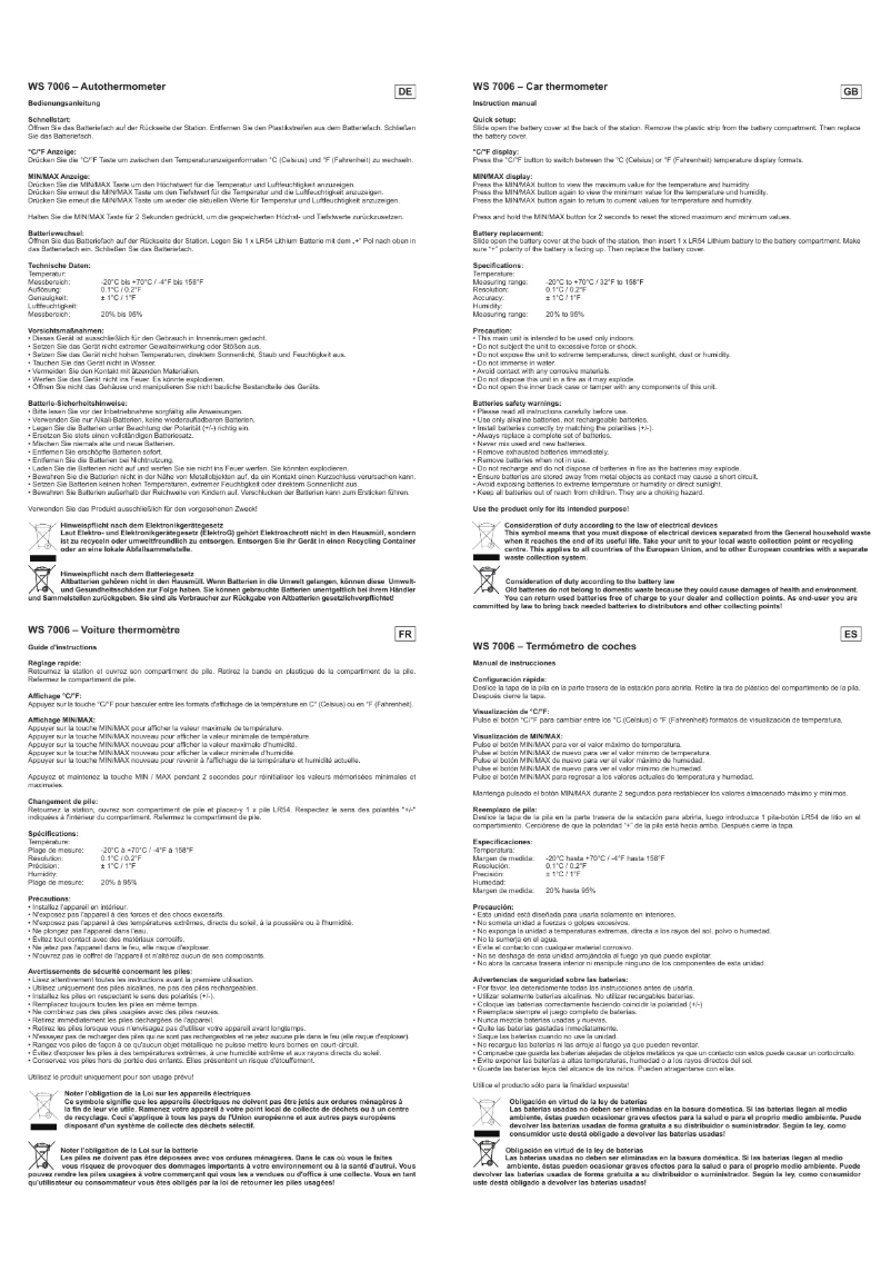 Page 1 de la notice Manuel utilisateur Techno Line WS 7006
