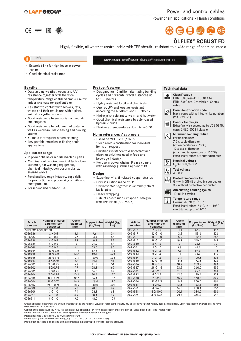 Page 1 de la notice Manuel utilisateur Lapp ÖLFLEX ROBUST FD