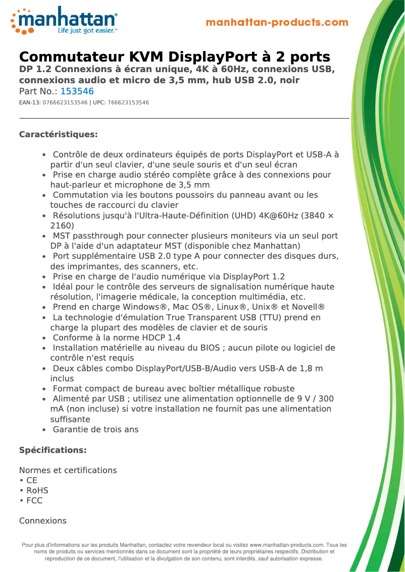 Page 1 de la notice Fiche technique Manhattan 153546