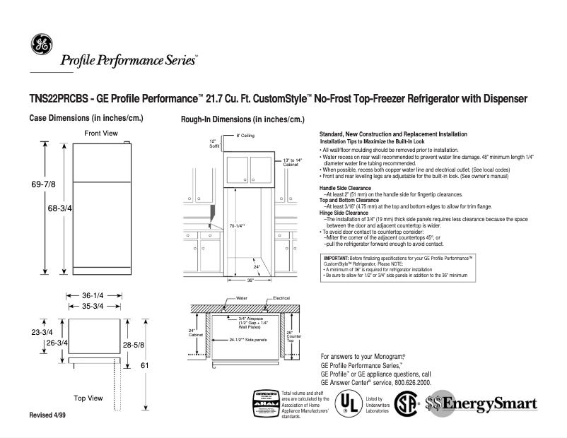 Page 1 de la notice Fiche technique GE Profile Performance TNS22PRCRBS