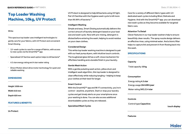 Page 1 de la notice Manuel utilisateur Haier HWT10AD1