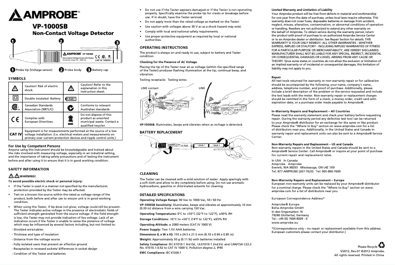 Page n°1 - Manuel utilisateur Amprobe VP-1000SB