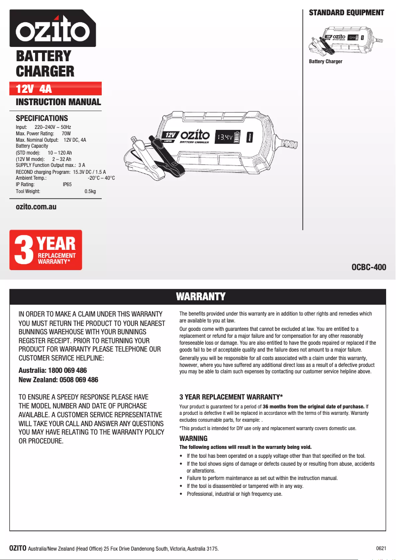 Page 1 de la notice Manuel utilisateur Ozito OCBC-400