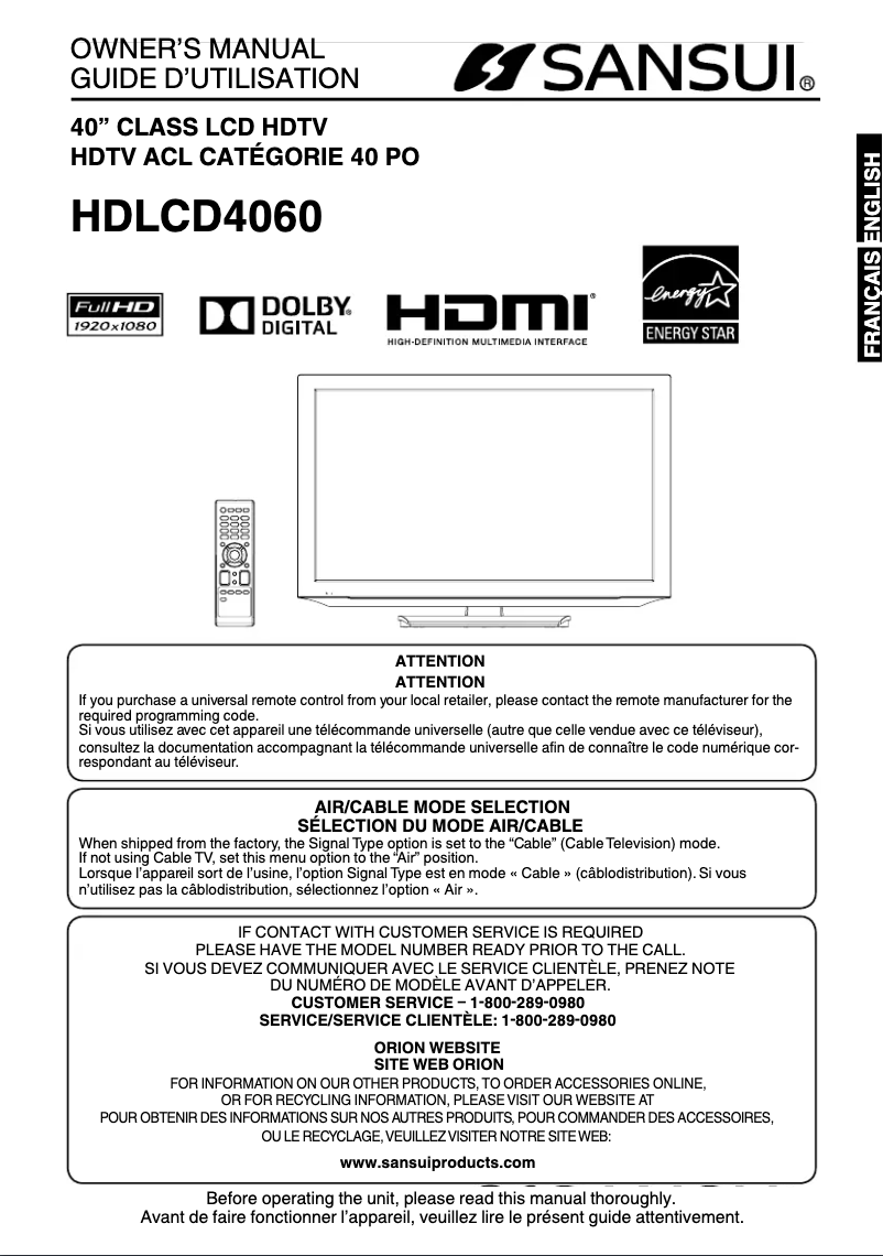 Page n°1 - Manuel utilisateur Sansui HDLCD4060
