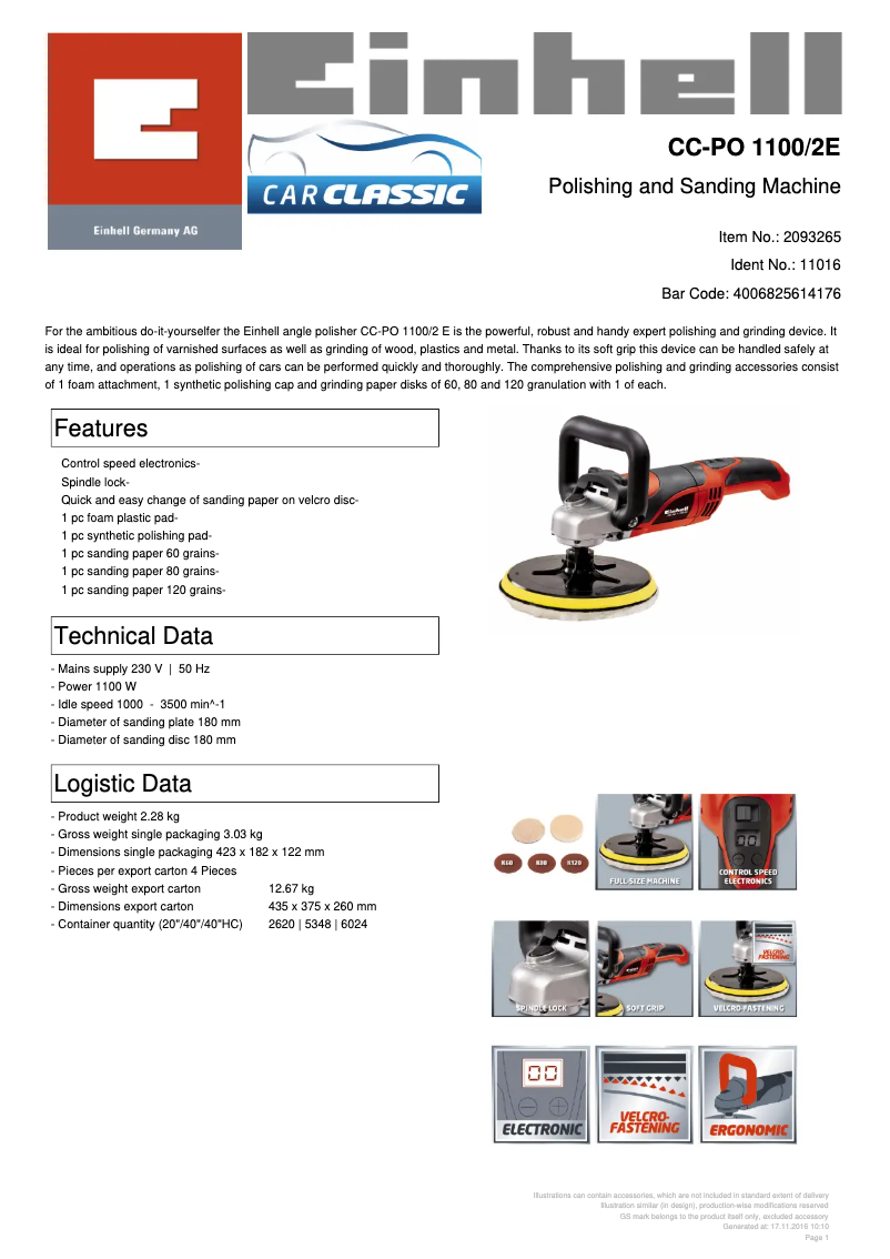 Page 1 de la notice Fiche technique Einhell CC-PO 1100/2E