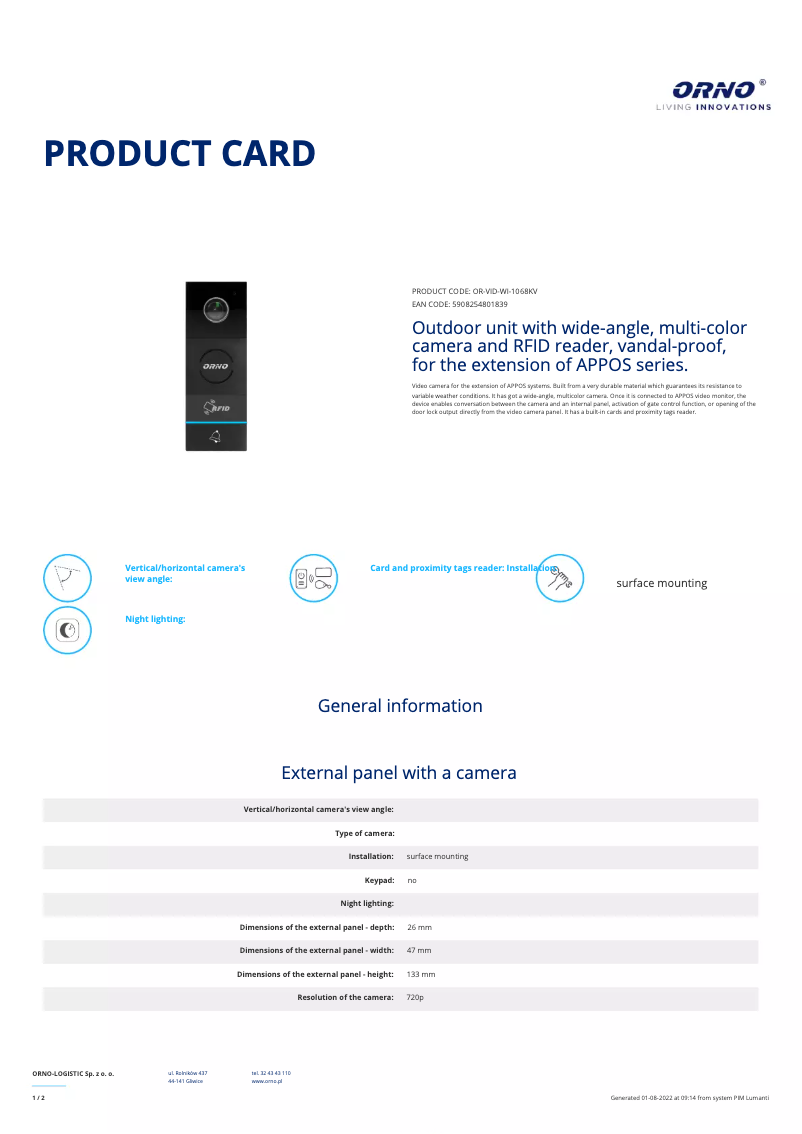 Image de la première page du manuel de l'appareil OR-VID-WI-1068KV